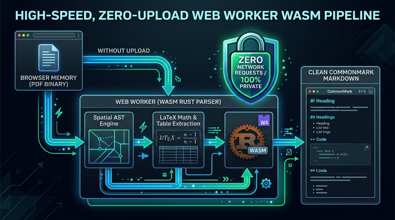 Diagram showing private client-side WebAssembly conversion with zero server uploads